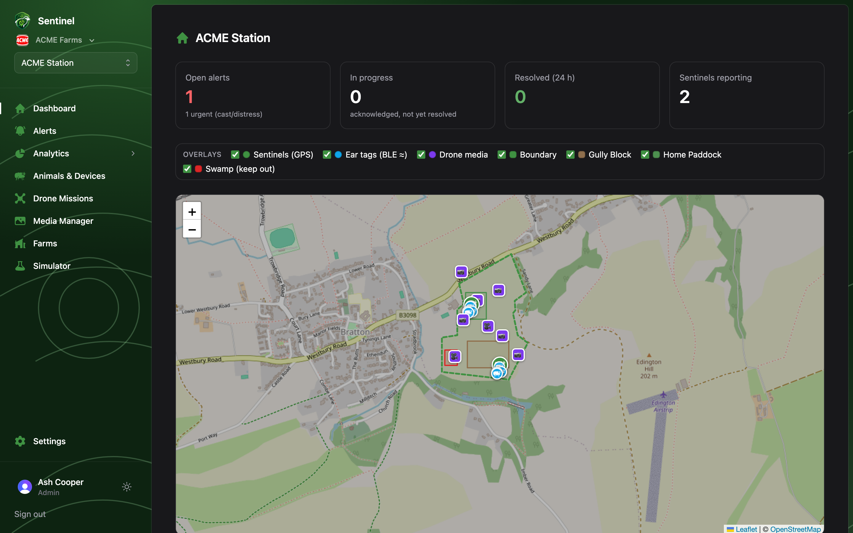 The Sentinel dashboard: live farm map with sentinel and ear-tag overlays, open-alert counts and the needs-attention list