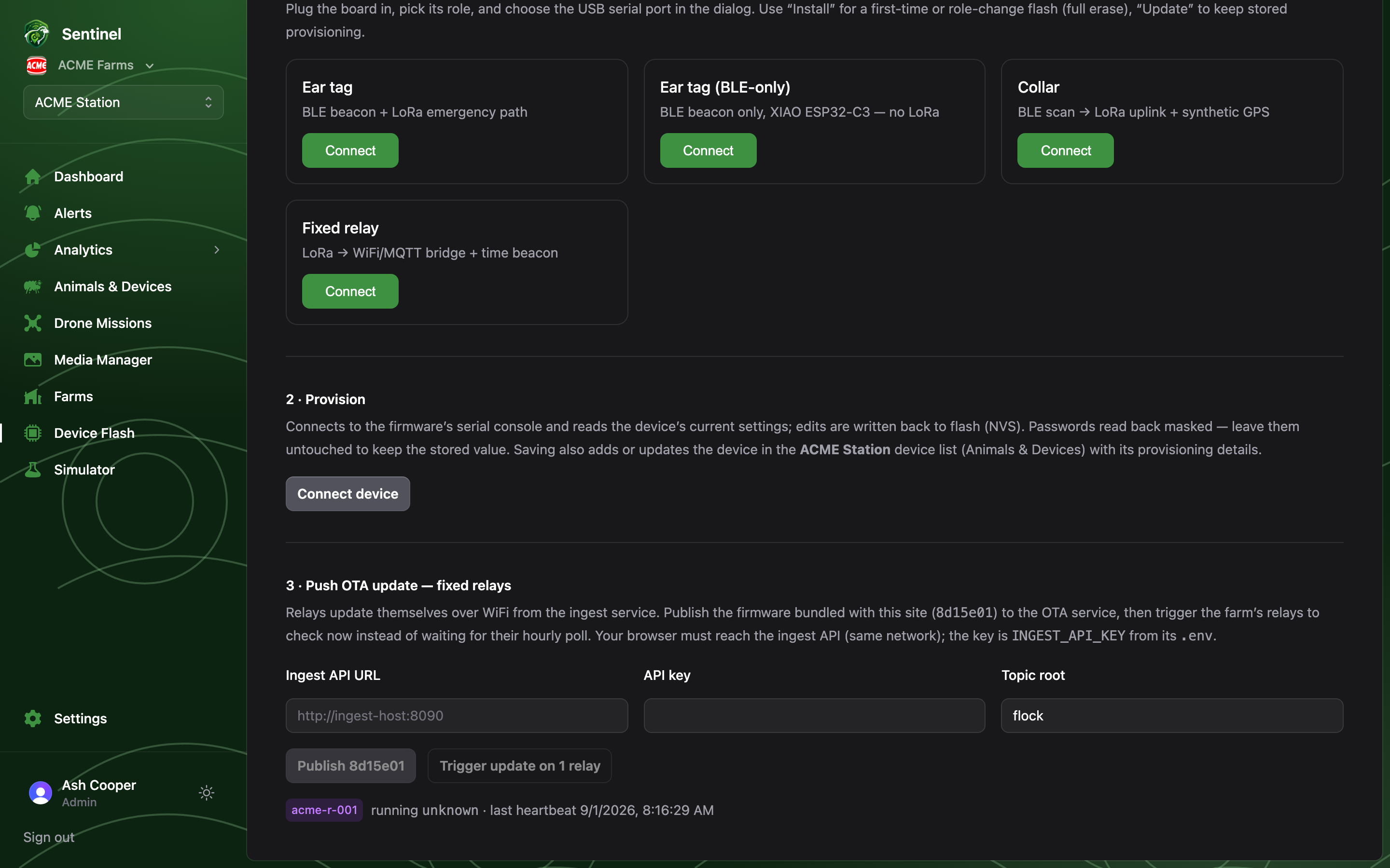 The Push OTA update section: ingest API credentials, publish and trigger buttons, and each relay's running firmware version