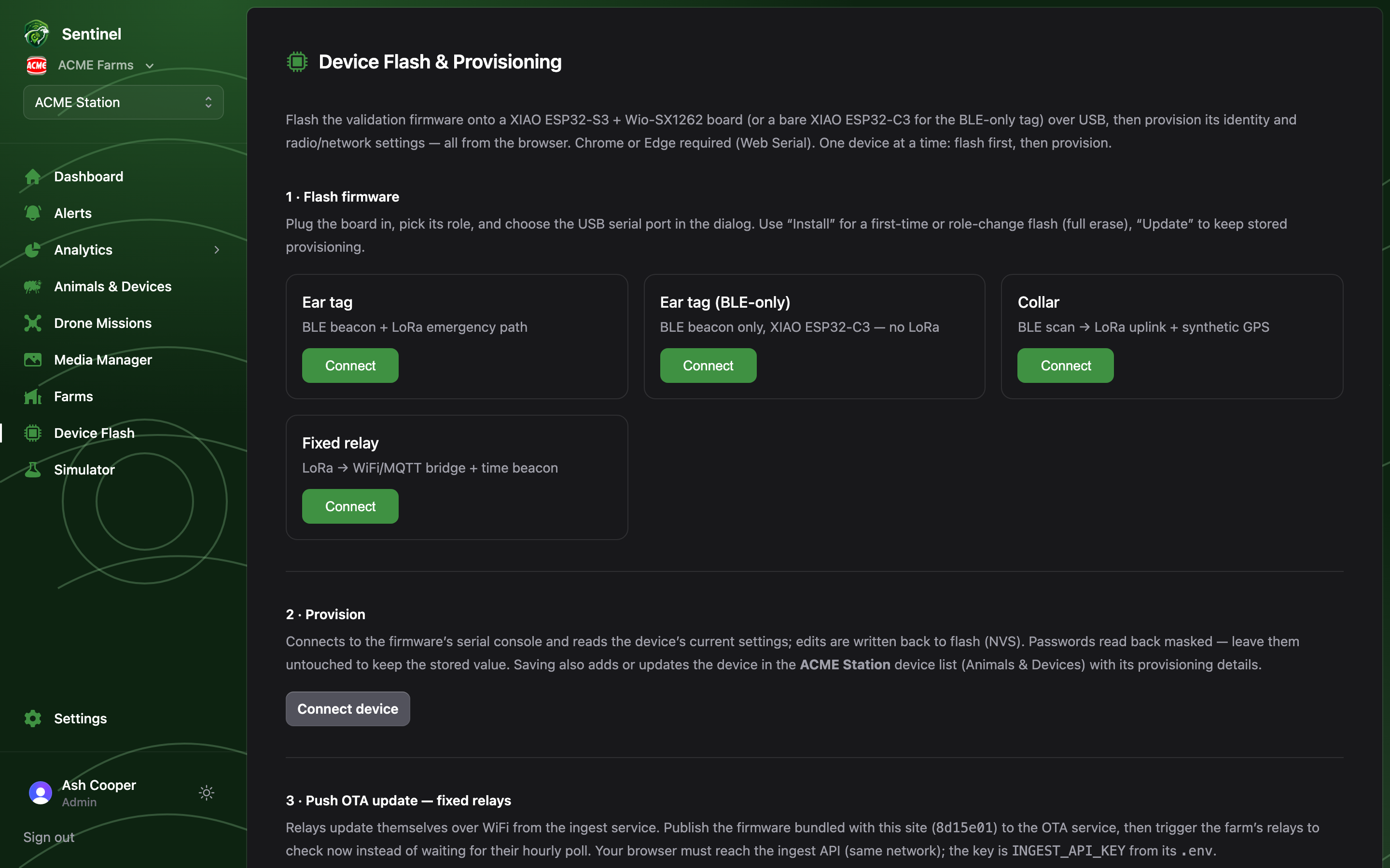 Device Flash & Provisioning: role cards for web flashing, the serial provisioning console, and the OTA push section